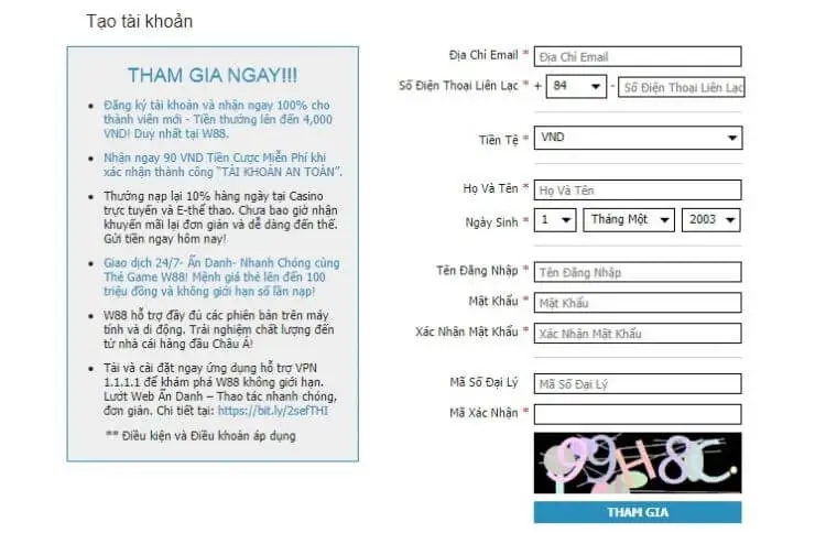 đăng ký tài khoản w88